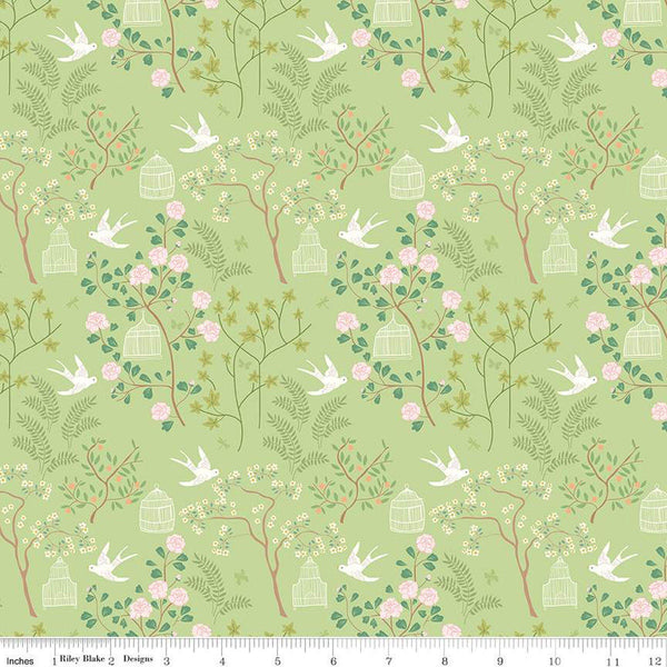 SALE Emma Birdcage C12211 Green by Riley Blake Designs - Leaves Flowers Birds Birdcages Bird Cages - Quilting Cotton Fabric