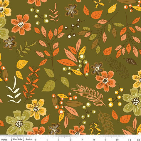 Awesome Autumn Main C12170 Olive by Riley Blake Designs - Fall Floral Leaves Flowers Berries - Quilting Cotton Fabric
