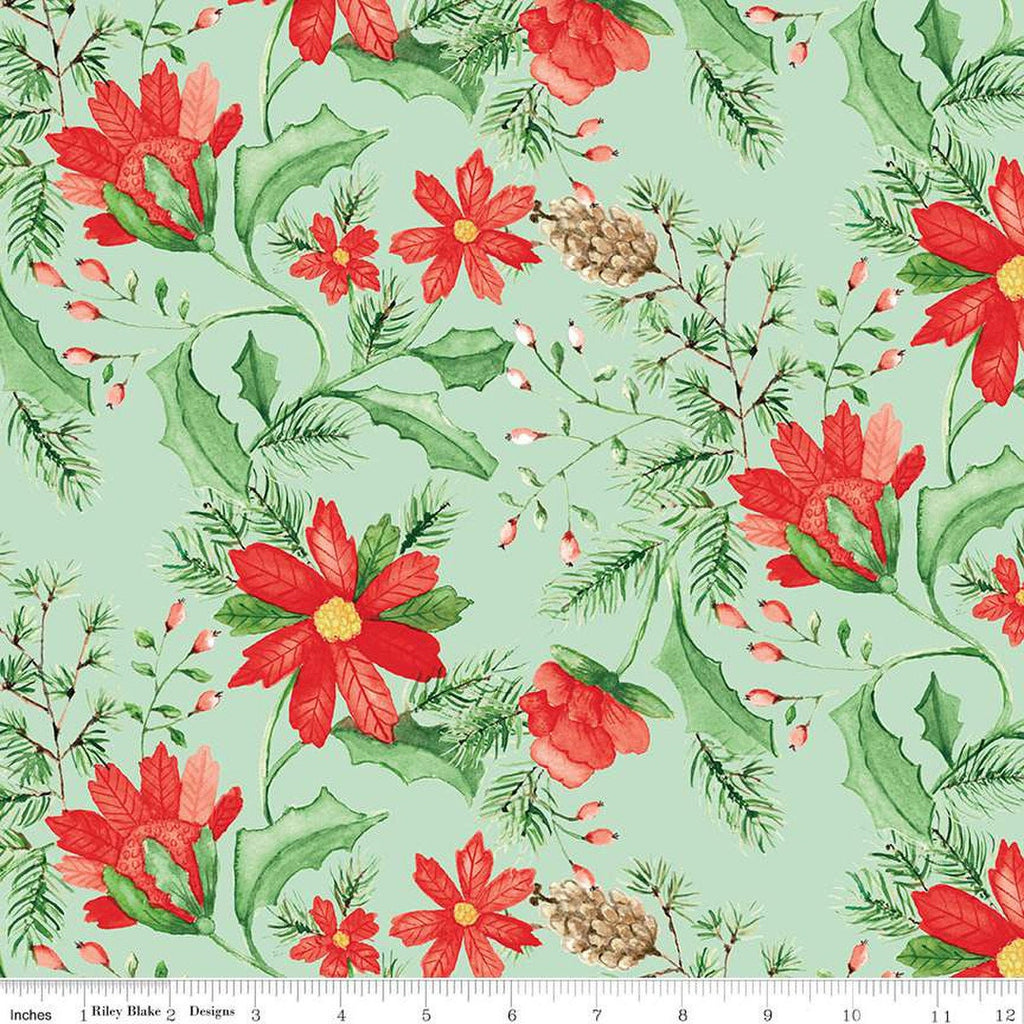 SALE Adel in Winter Main C12260 Mint - Riley Blake Designs - Christmas Floral Flowers Berries Pine Cones Needles - Quilting Cotton Fabric