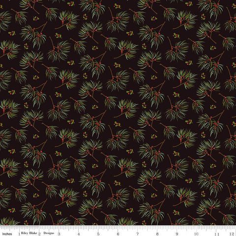 Adel in Winter Pine C12263 Mocha - Riley Blake Designs - Christmas Sprigs Needles Berries - Quilting Cotton Fabric