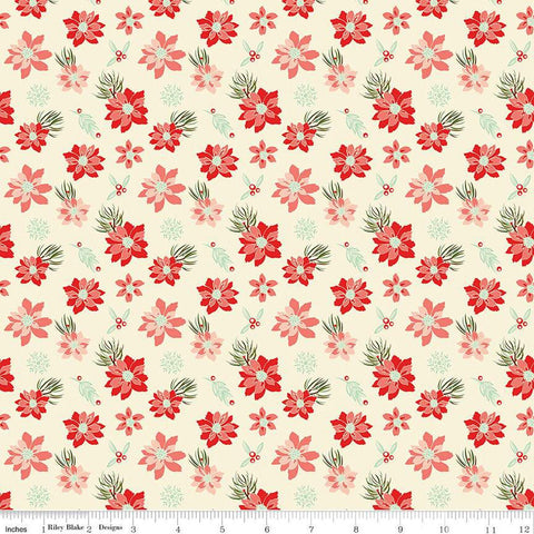 SALE Adel in Winter Poinsettias C12264 Cream - Riley Blake Designs - Christmas Floral Flowers Berries Snowflakes - Quilting Cotton Fabric