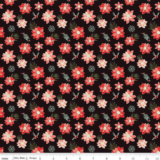 SALE Adel in Winter Poinsettias C12264 Mocha - Riley Blake Designs - Christmas Floral Flowers Berries Snowflakes - Quilting Cotton Fabric