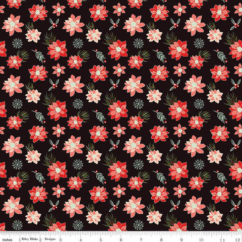 SALE Adel in Winter Poinsettias C12264 Mocha - Riley Blake Designs - Christmas Floral Flowers Berries Snowflakes - Quilting Cotton Fabric