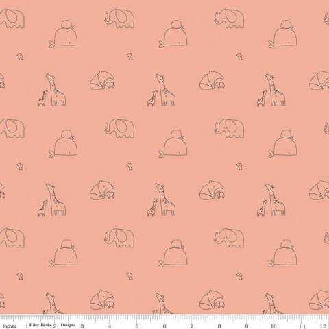 SALE Little Things Animals C12151 Coral by Riley Blake - Children's Outlined Giraffes Whales Elephants Aardvarks - Quilting Cotton Fabric