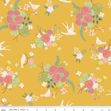 DEAL Emma Main C12210 Honey - Riley Blake Designs - Floral Flowers Birds - Quilting Cotton Fabric