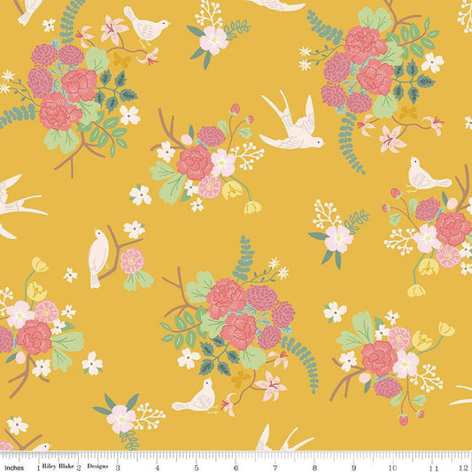 DEAL Emma Main C12210 Honey - Riley Blake Designs - Floral Flowers Birds - Quilting Cotton Fabric