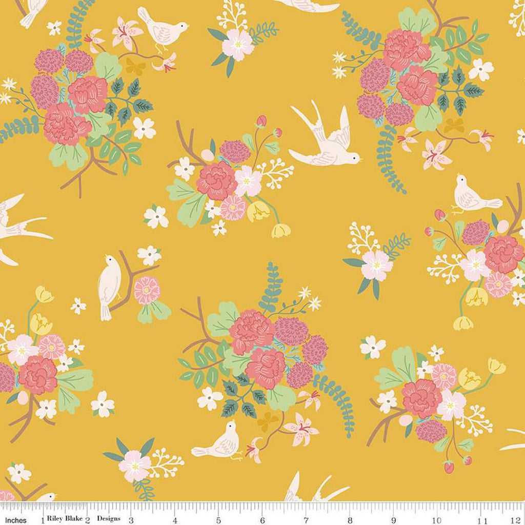 SALE Emma Main C12210 Honey by Riley Blake Designs - Floral Flowers Birds - Quilting Cotton Fabric