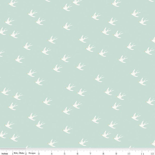 27" End of Bolt - SALE Emma Swallows C12217 Mint by Riley Blake Designs - White Birds Bird - Quilting Cotton Fabric