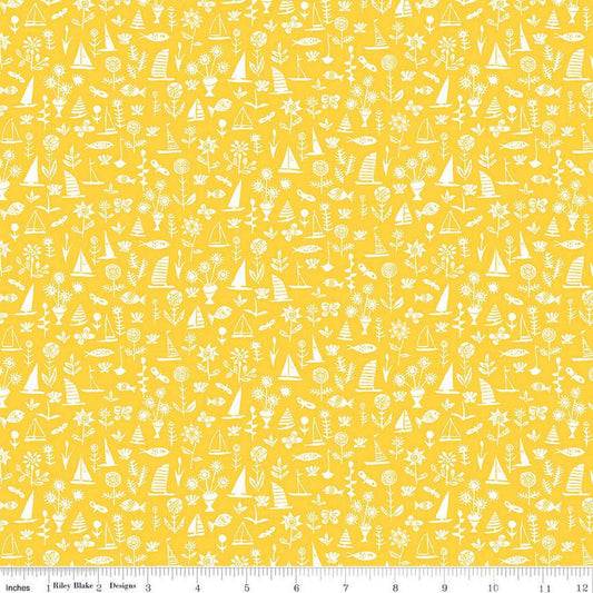 SALE Riviera Collection B Sealife C 01666455C - Riley Blake Designs - Boats Flowers Fish Yellow -  Liberty Fabrics  - Quilting Cotton Fabric
