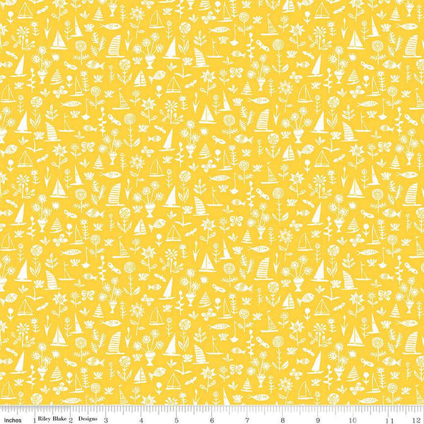 SALE Riviera Collection B Sealife C 01666455C - Riley Blake Designs - Boats Flowers Fish Yellow -  Liberty Fabrics  - Quilting Cotton Fabric