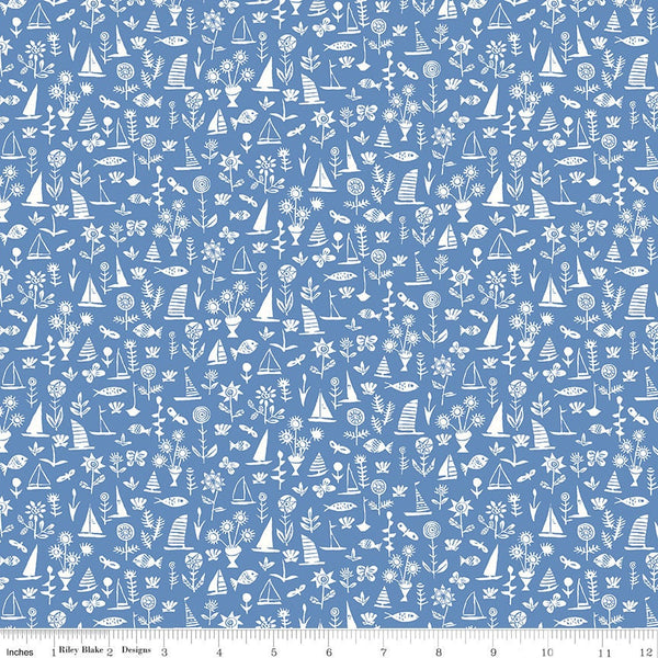 Riviera Collection A Sealife B 01666455B - Riley Blake Designs - Boats Flowers Fish Blue - Liberty Fabrics  - Quilting Cotton Fabric