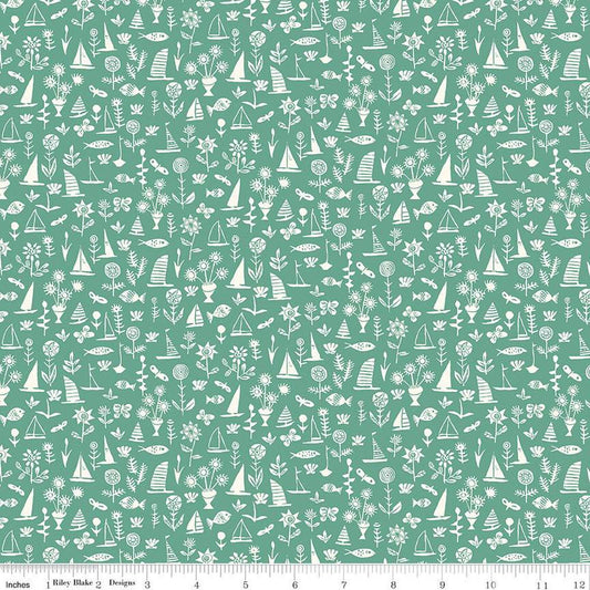 SALE Riviera Collection C Sealife E 01666455B - Riley Blake Designs - Boats Flowers Fish Blue - Liberty Fabrics  - Quilting Cotton Fabric