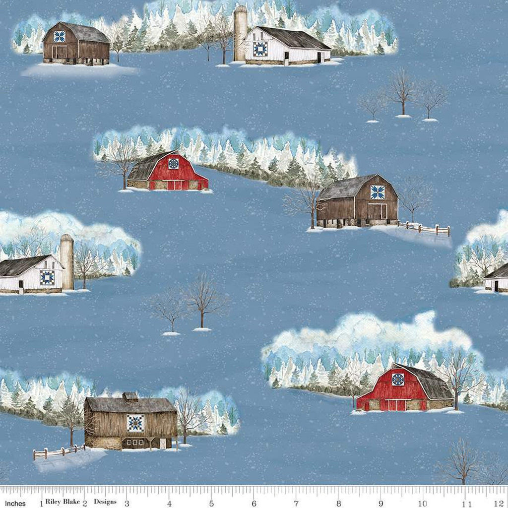 CLEARANCE Winter Barn Quilts Main CD12080 Blue - Riley Blake - DIGITALLY PRINTED Barns Trees Snow - Quilting Cotton