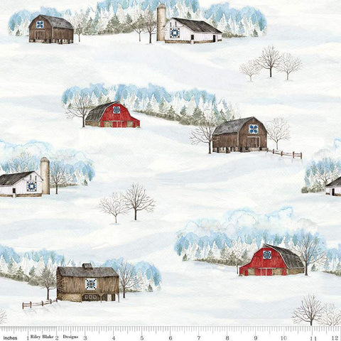 Winter Barn Quilts Main CD12080 Parchment - Riley Blake Designs - DIGITALLY PRINTED Barns Trees Snow - Quilting Cotton