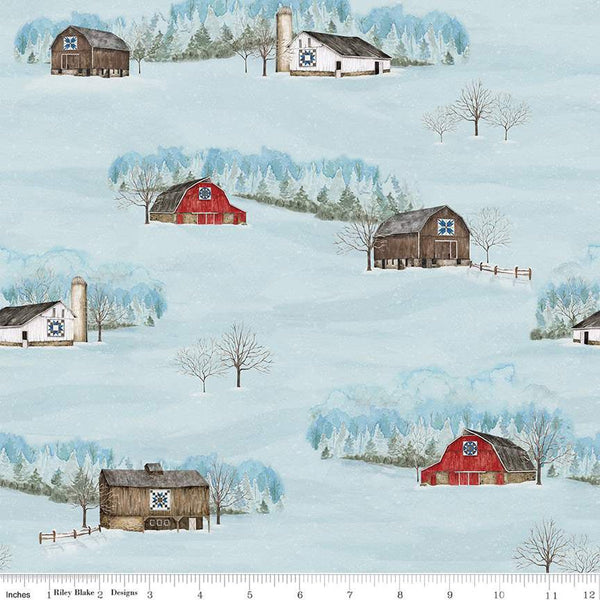 Winter Barn Quilts Main CD12080 Sky - Riley Blake Designs - DIGITALLY PRINTED Barns Trees Snow - Quilting Cotton