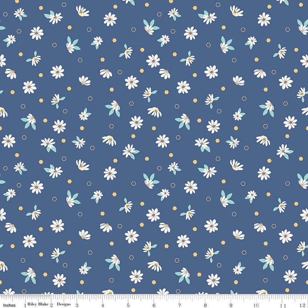 15" End of Bolt - Daisy Fields Floral SC12482 Denim SPARKLE - Riley Blake - Daisies Hexagons Antique Gold SPARKLE  - Quilting Cotton Fabric