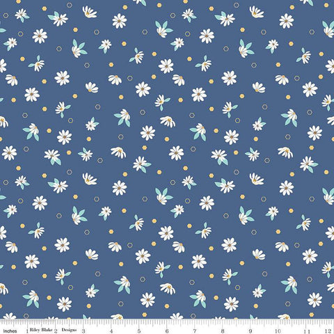 15" End of Bolt - Daisy Fields Floral SC12482 Denim SPARKLE - Riley Blake - Daisies Hexagons Antique Gold SPARKLE  - Quilting Cotton Fabric