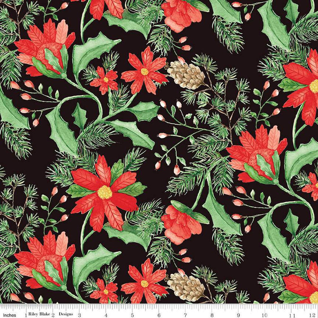 Adel in Winter Main C12260 Mocha - Riley Blake Designs - Christmas Floral Flowers Berries Pine Needles Cones  - Quilting Cotton Fabric
