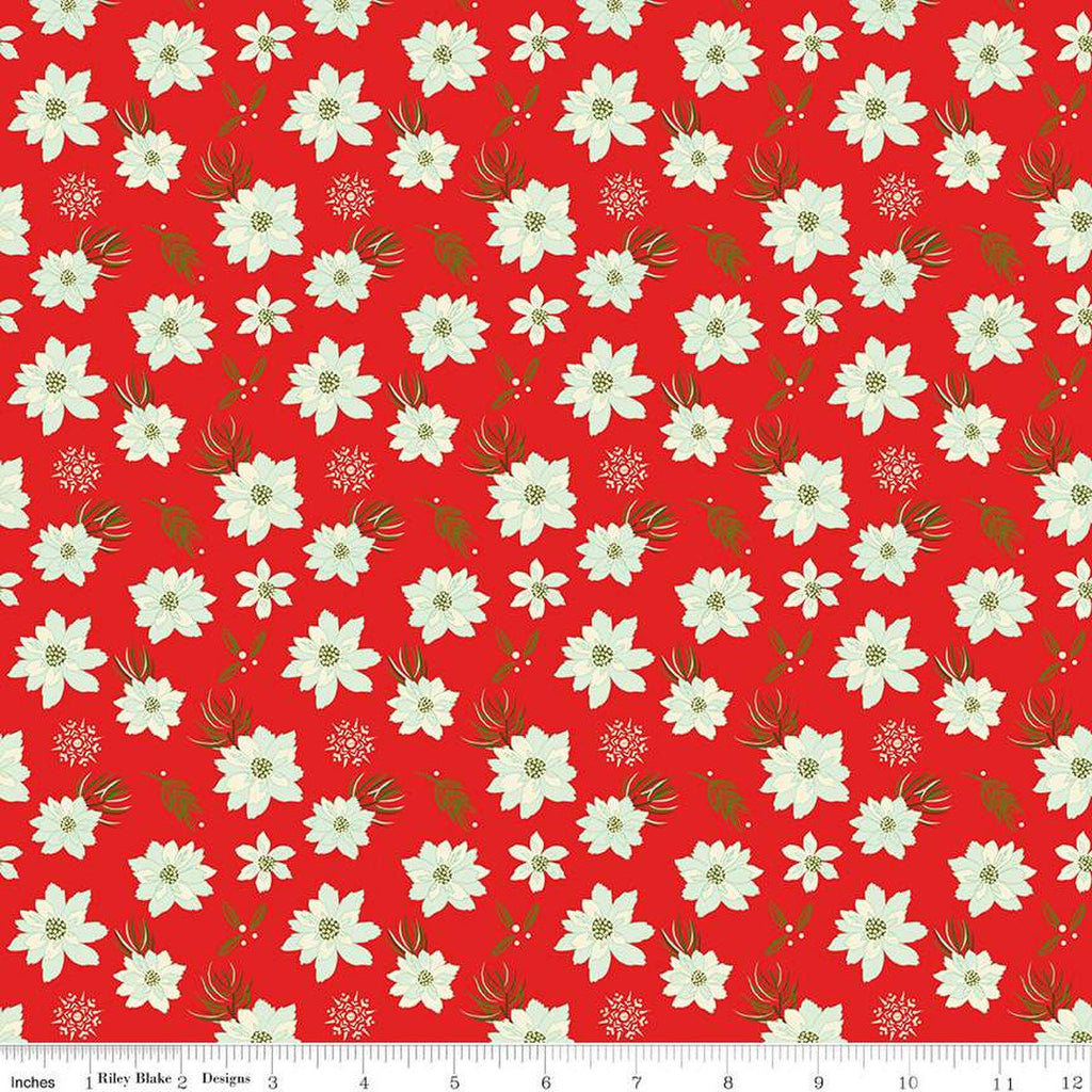 CLEARANCE Adel in Winter Poinsettias C12264 Red - Riley Blake - Christmas Floral Flowers Berries Snowflakes - Quilting Cotton Fabric