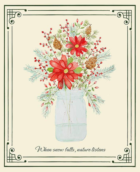 SALE Adel in Winter P12270 Panel by Riley Blake Designs - Christmas Flowers Pine Cones Needles Berries on Cream  - Quilting Cotton Fabric