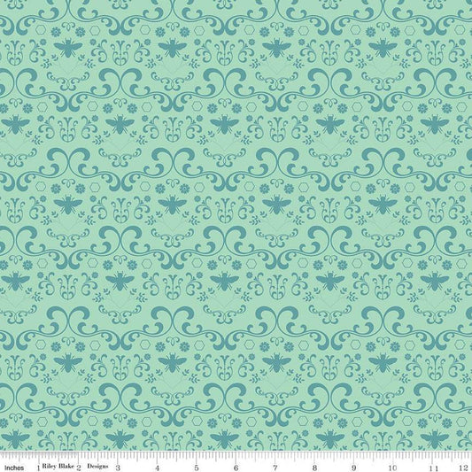 SALE Daisy Fields Damask C12483 Caribbean - Riley Blake Designs - Flowers Bees Hexagons - Quilting Cotton Fabric