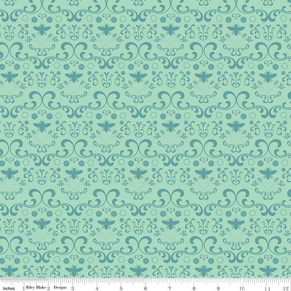 SALE Daisy Fields Damask C12483 Caribbean by Riley Blake Designs - Flowers Bees Hexagons - Quilting Cotton Fabric