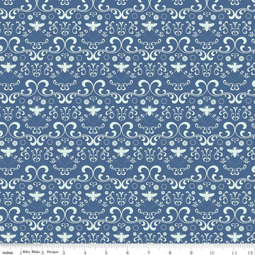 SALE Daisy Fields Damask C12483 Denim - Riley Blake Designs - Flowers Bees Hexagons - Quilting Cotton Fabric