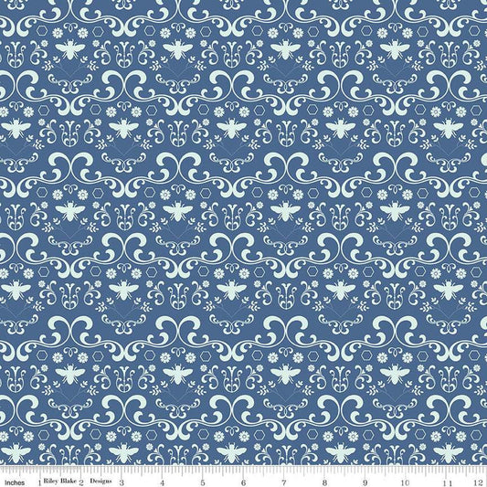 SALE Daisy Fields Damask C12483 Denim - Riley Blake Designs - Flowers Bees Hexagons - Quilting Cotton Fabric