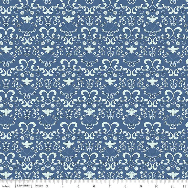 SALE Daisy Fields Damask C12483 Denim by Riley Blake Designs - Flowers Bees Hexagons - Quilting Cotton Fabric