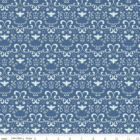 SALE Daisy Fields Damask C12483 Denim by Riley Blake Designs - Flowers Bees Hexagons - Quilting Cotton Fabric