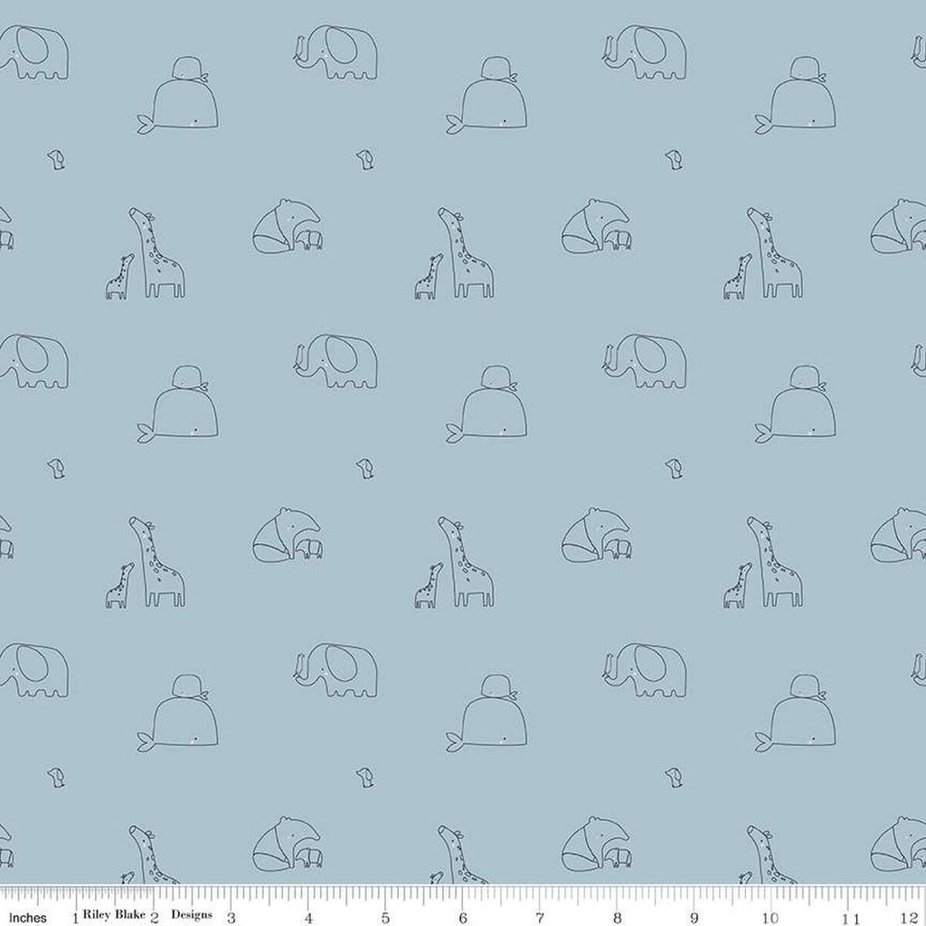SALE Little Things Animals C12151 Blue - Riley Blake - Children's Outlined Whales Elephants Aardvarks Giraffes - Quilting Cotton Fabric