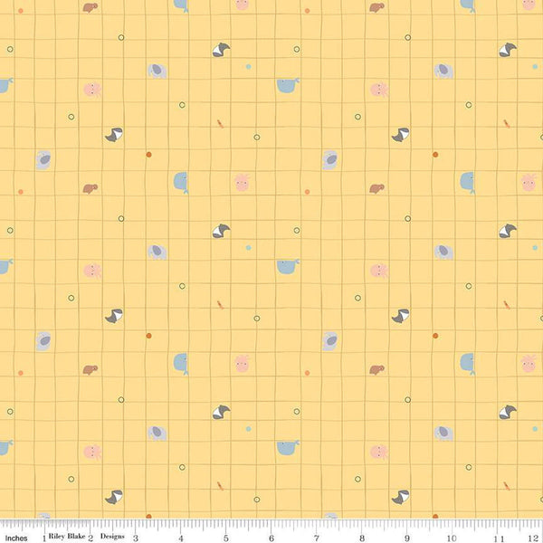 SALE Little Things Grid C12152 Sunshine - Riley Blake - Children's Irregular Grid Animals Circles Dots - Quilting Cotton Fabric