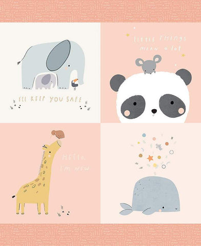 SALE Little Things Panel P12155 Blush by Riley Blake Designs - Children's Elephants Panda Giraffe Whale Mice Birds  - Quilting Cotton Fabric