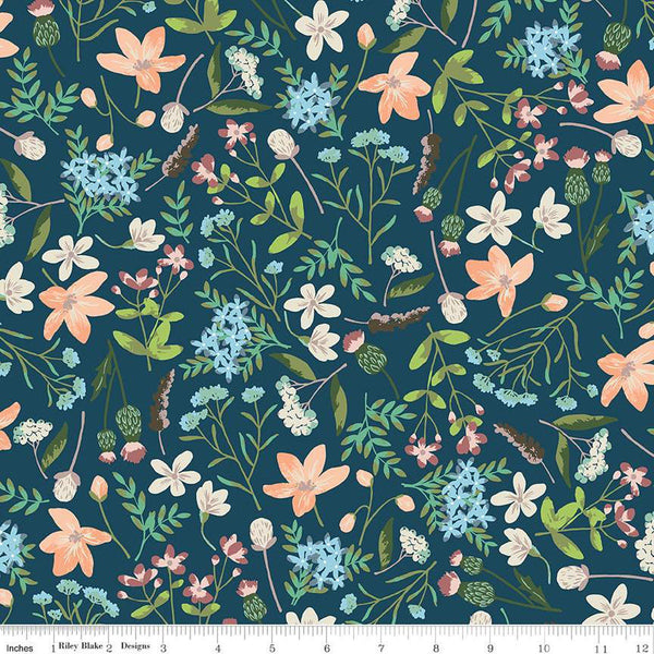 23" End of Bolt Piece - Wildwood Wander Main C12430 Navy - Riley Blake Designs - Flowers Floral - Quilting Cotton