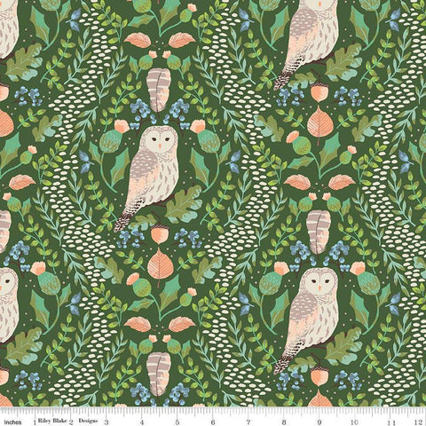 Wildwood Wander Hidden Owl C12431 Green - by Riley Blake Designs - Owls Damask Floral Flowers - Quilting Cotton Fabric