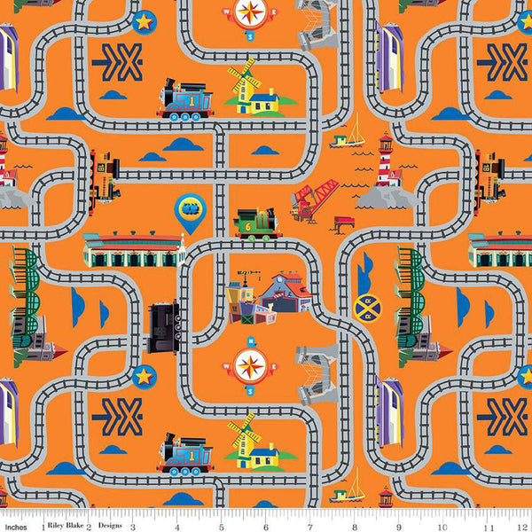 SALE Full Steam Ahead with Thomas and Friends Tracks CD12512 Orange - Riley Blake - DIGITALLY PRINTED - Quilting Cotton - Licensed Product