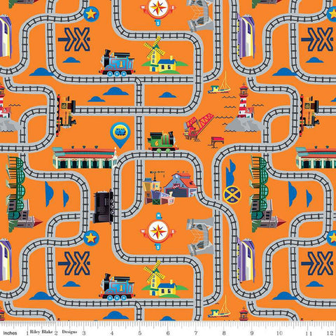 Full Steam Ahead with Thomas and Friends Tracks CD12512 Orange - Riley Blake Designs - Trains DIGITALLY PRINTED - Quilting Cotton