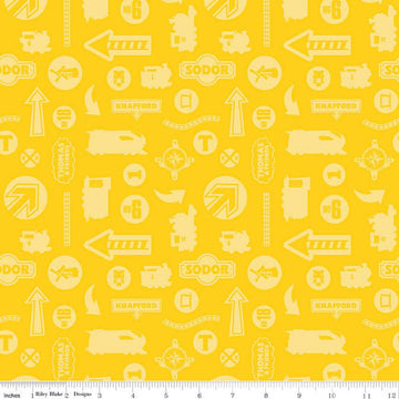 SALE Full Steam Ahead with Thomas & Friends Tonal C12513 Yellow - Riley Blake Designs - Trains Signs - Quilting Cotton - Licensed Product