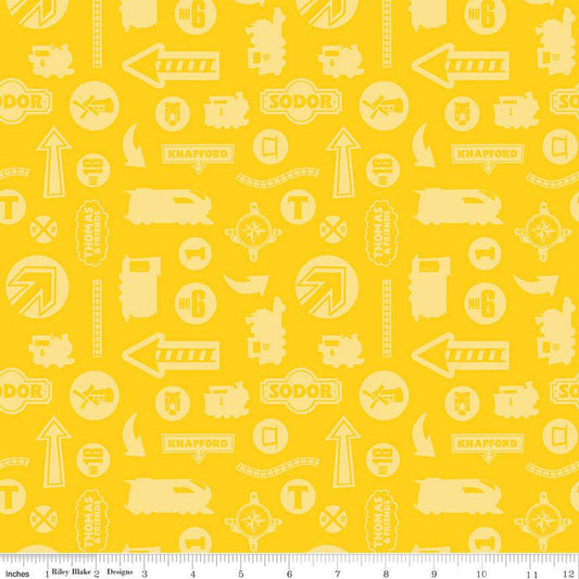 SALE Full Steam Ahead with Thomas & Friends Tonal C12513 Yellow - Riley Blake Designs - Trains Signs - Quilting Cotton - Licensed Product