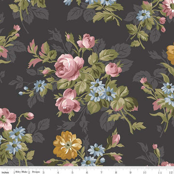 SALE Midnight Garden Main C12540 Charcoal - Riley Blake Designs - Floral Flowers - Quilting Cotton Fabric