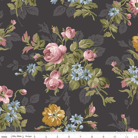 SALE Midnight Garden Main C12540 Charcoal - Riley Blake Designs - Floral Flowers - Quilting Cotton Fabric
