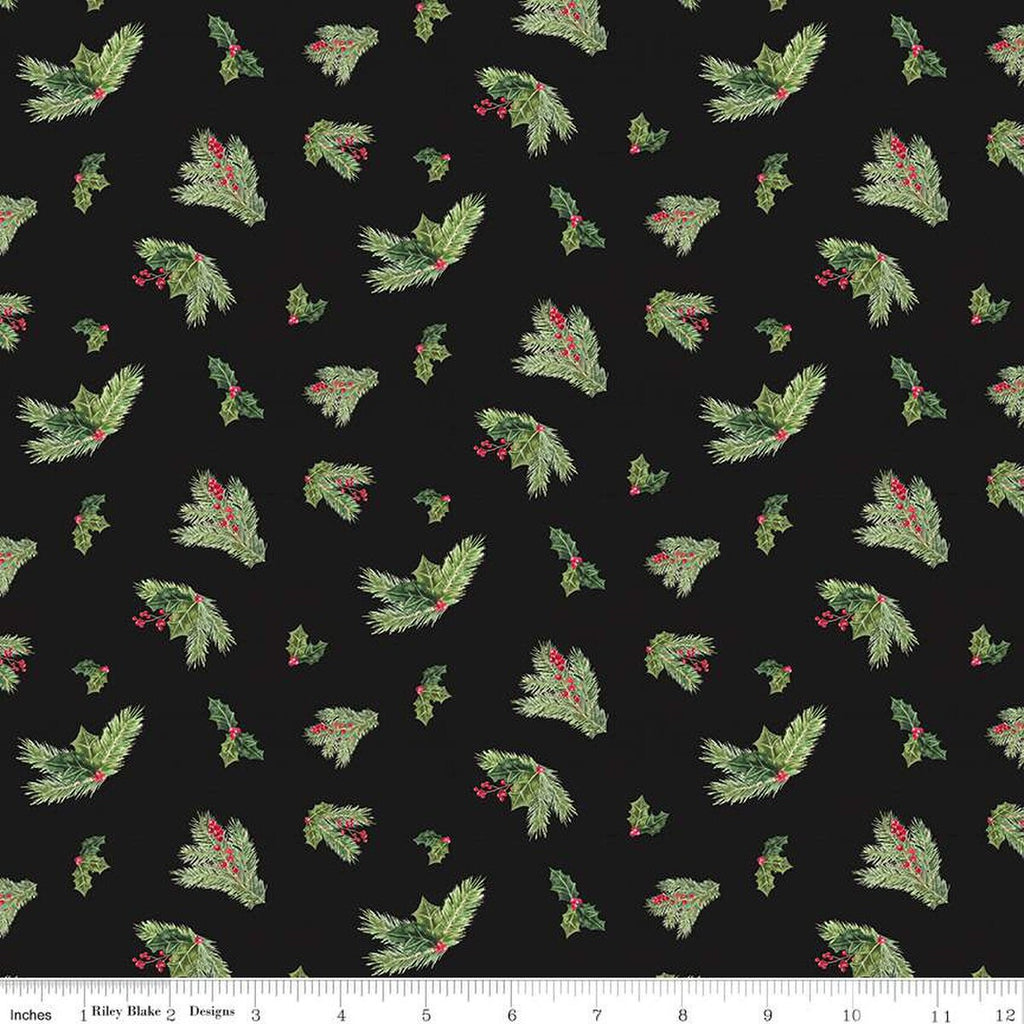CLEARANCE Monthly Placemats December Holly C12423 Black by Riley Blake Designs - Christmas Pine Needles Sprigs - Quilting Cotton Fabric
