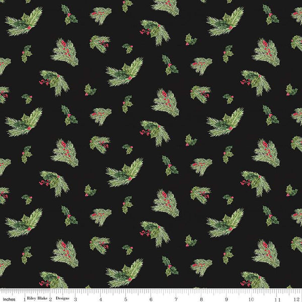 32" End of Bolt - CLEARANCE Monthly Placemats December Holly C12423 Black by Riley Blake - Christmas Pine Needles - Quilting Cotton Fabric