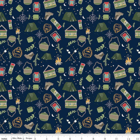 Love You S'more Main C12140 Navy by Riley Blake Designs - Camping Tents Boots Lanterns Canteens Campfires - Quilting Cotton Fabric