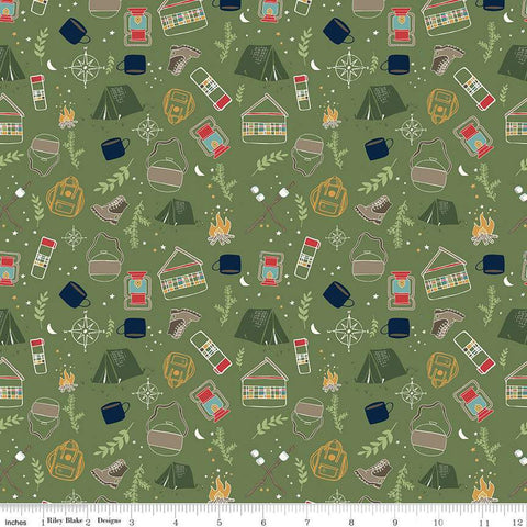 Love You S'more Main C12140 Olive by Riley Blake Designs - Camping Tents Boots Lanterns Canteens Campfires - Quilting Cotton Fabric