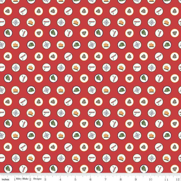 27" End of Bolt - CLEARANCE Love You S'more Badges C12141 Red by Riley Blake Designs - Camp Camping Icons Dots - Quilting Cotton Fabric