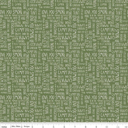 SALE Love You S'more Text C12142 Olive - Riley Blake Designs - Camp Camping Words Phrases - Quilting Cotton Fabric