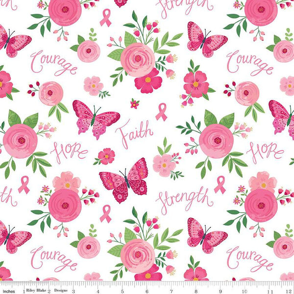 Strength in Pink Main C12620 White by Riley Blake Designs - Flowers Butterflies Breast Cancer Ribbons Text - Quilting Cotton Fabric