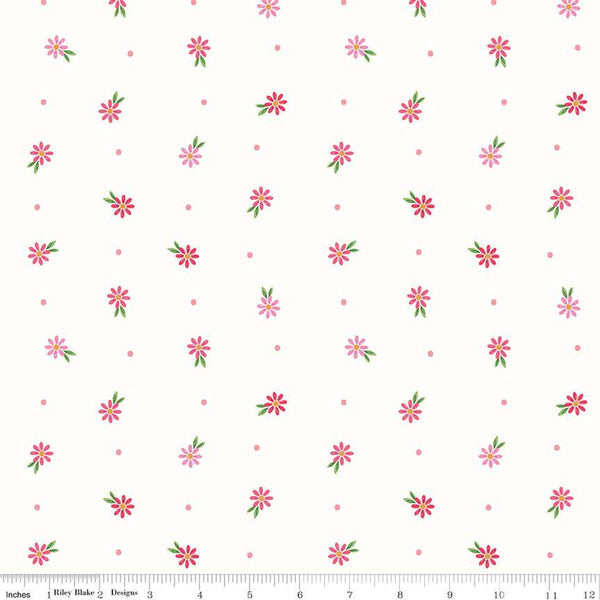 15" End of Bolt - Strength in Pink Daisies C12625 White by Riley Blake Designs - Floral Flowers Dots Breast Cancer - Quilting Cotton Fabric