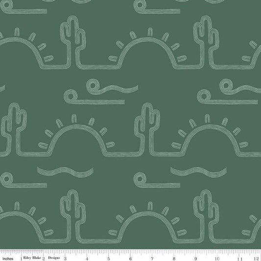 SALE Arid Oasis Desert Sunrise C12492 Hunter - Riley Blake Designs - Cactus Cacti Sun Line-Drawn - Quilting Cotton Fabric